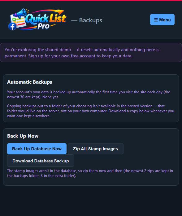 The Backups page with Back Up Database Now, Zip All Stamp Images and Download Database Backup buttons