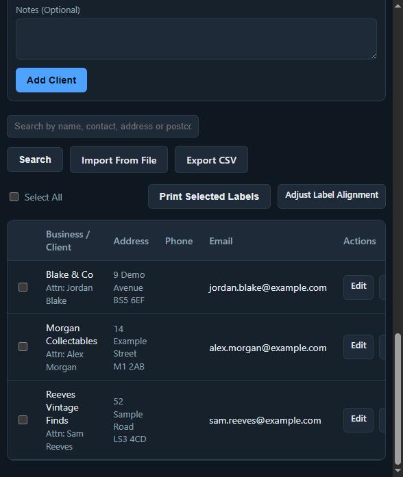 The Client Directory showing a searchable table of buyers with business name, address, phone and email