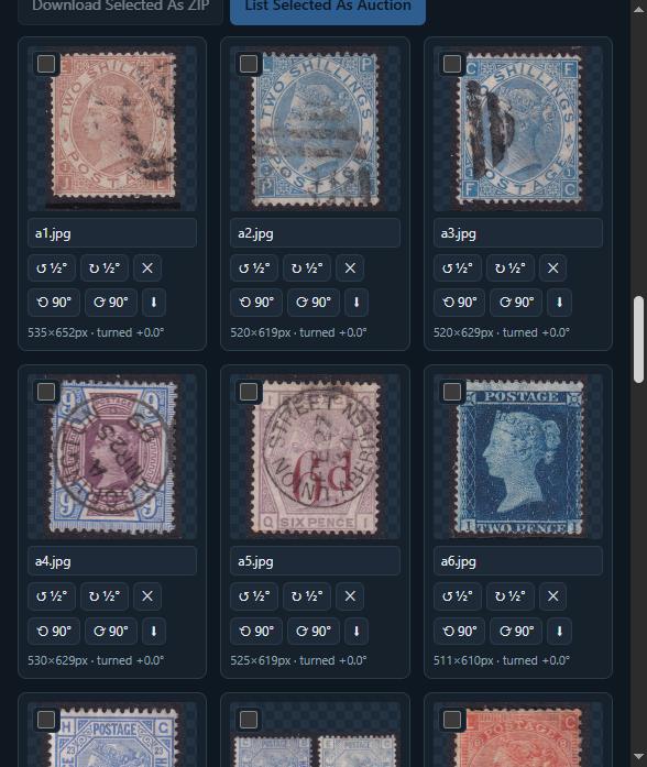 The individual cropped stamp photos the Cropper produced automatically from the scan above, each one straightened and named
