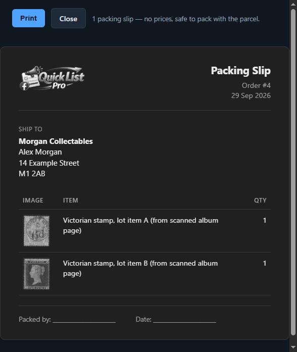 A packing slip listing the order's items with photos and quantities, with no prices shown, ready to pack with the parcel