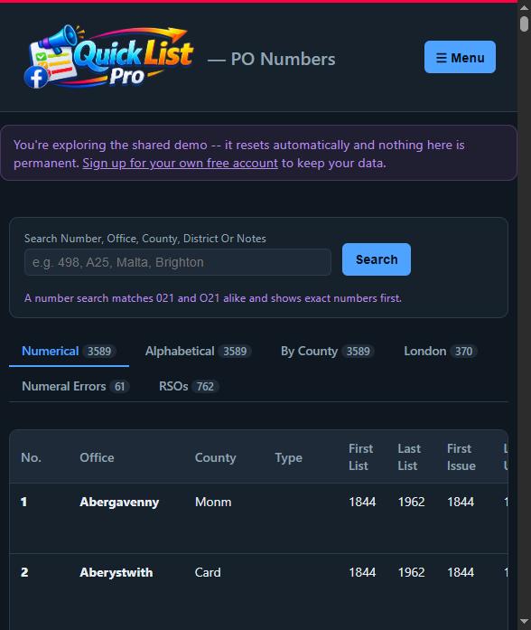 The Post Office Numbers reference page showing thousands of real historical postal cancellation records, searchable by number, office or county