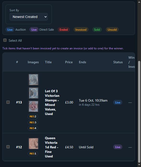The Selling page showing a live auction lot and a live direct-sale listing, each with real stamp photos, price, status and generated stock codes